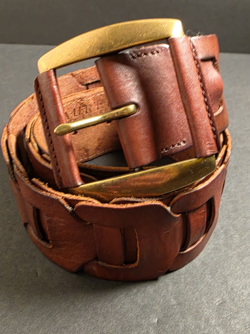 Lauren Ralph Lauren Woven Leather Belt in Chestnut Brown with Brass Buckle